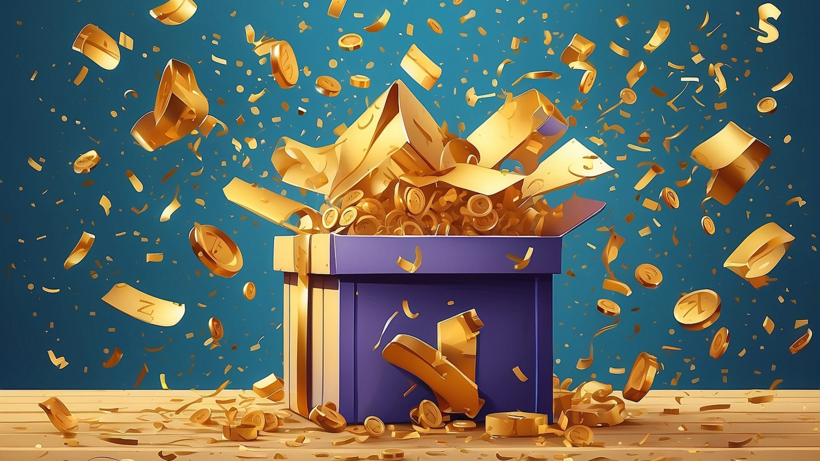 Winning gifts lottery vector illustration. Grand drawing. Open textured box with golden